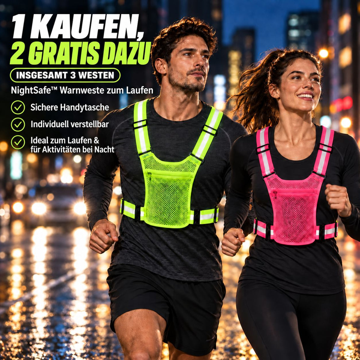 1 KAUFEN, 2 GRATIS DAZU - NightSafe™ Reflektierende Laufweste mit Handytasche