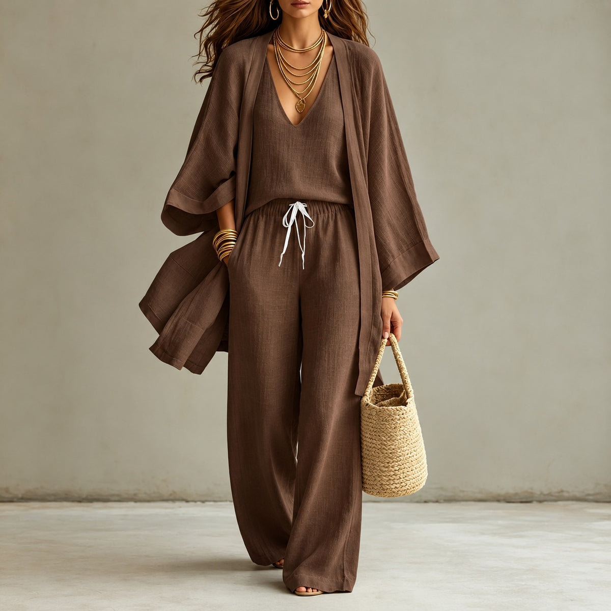 Enna™ 3-teiliges Set mit V-Ausschnitt-Top, weiter Hose und langem Kimono