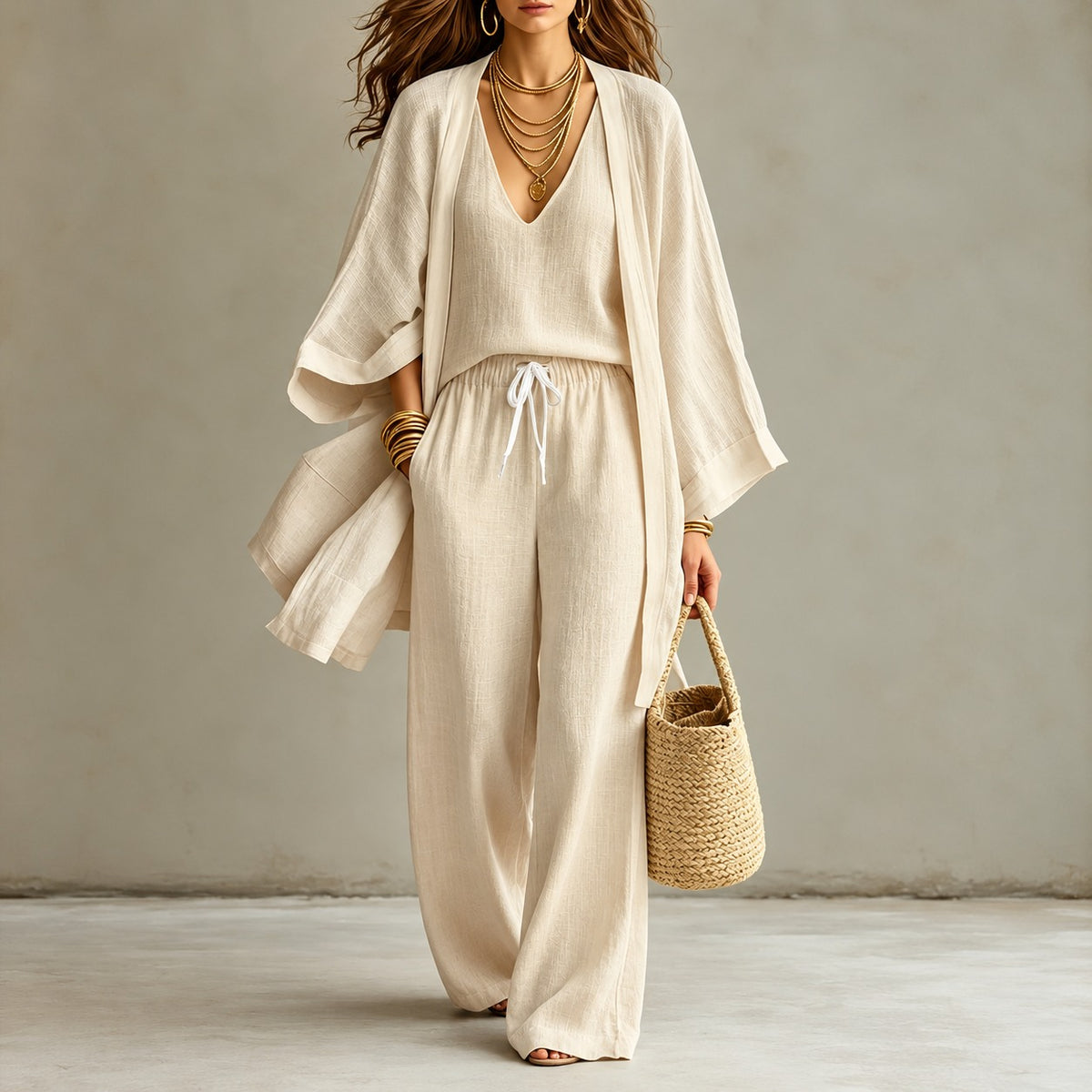 Enna™ 3-teiliges Set mit V-Ausschnitt-Top, weiter Hose und langem Kimono