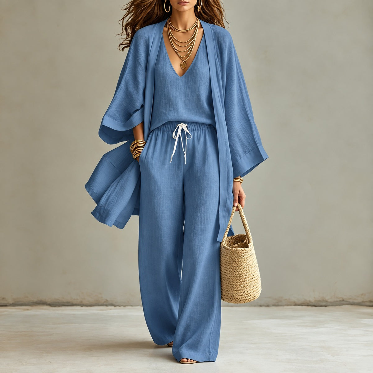 Enna™ 3-teiliges Set mit V-Ausschnitt-Top, weiter Hose und langem Kimono
