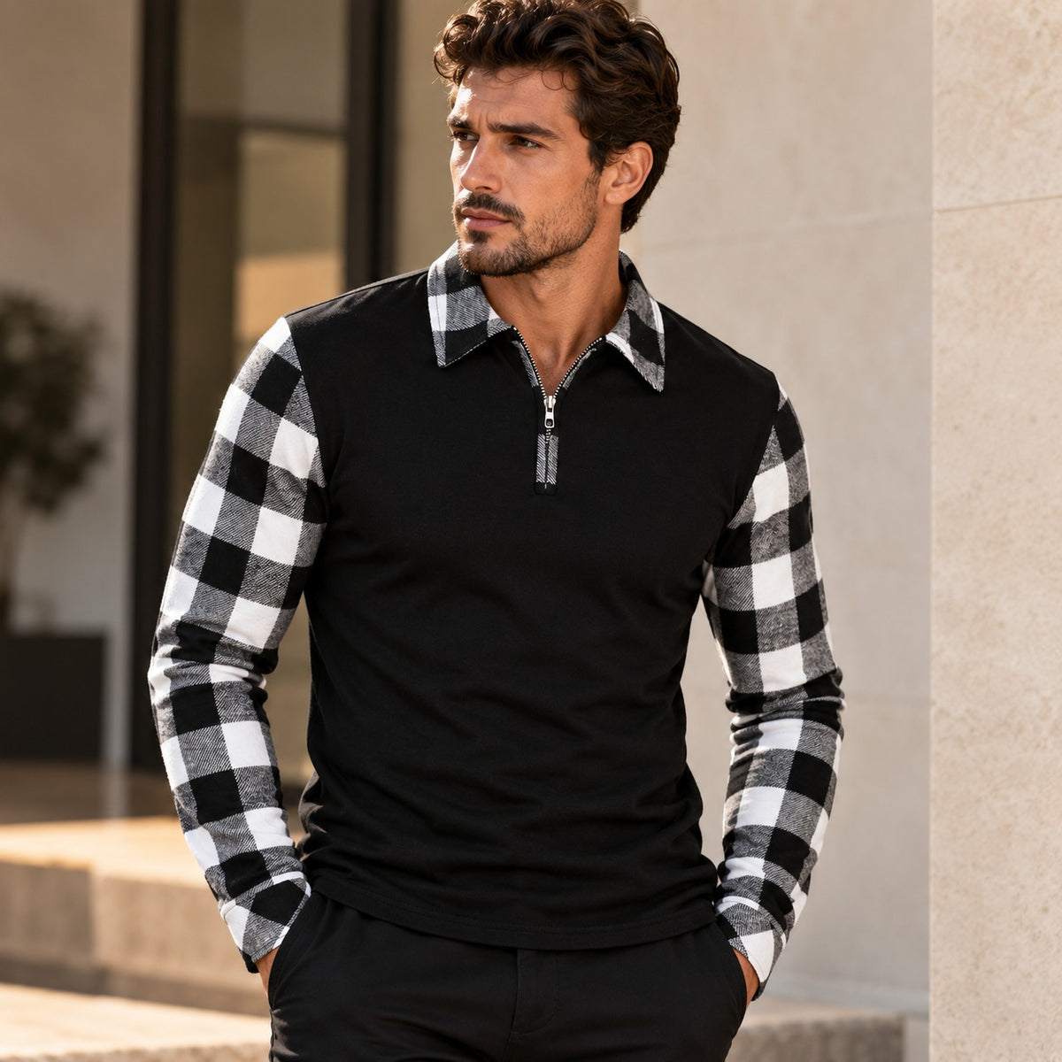 Poloshirt Carsten™ mit langen Ärmeln und kontrastierenden Karodetails
