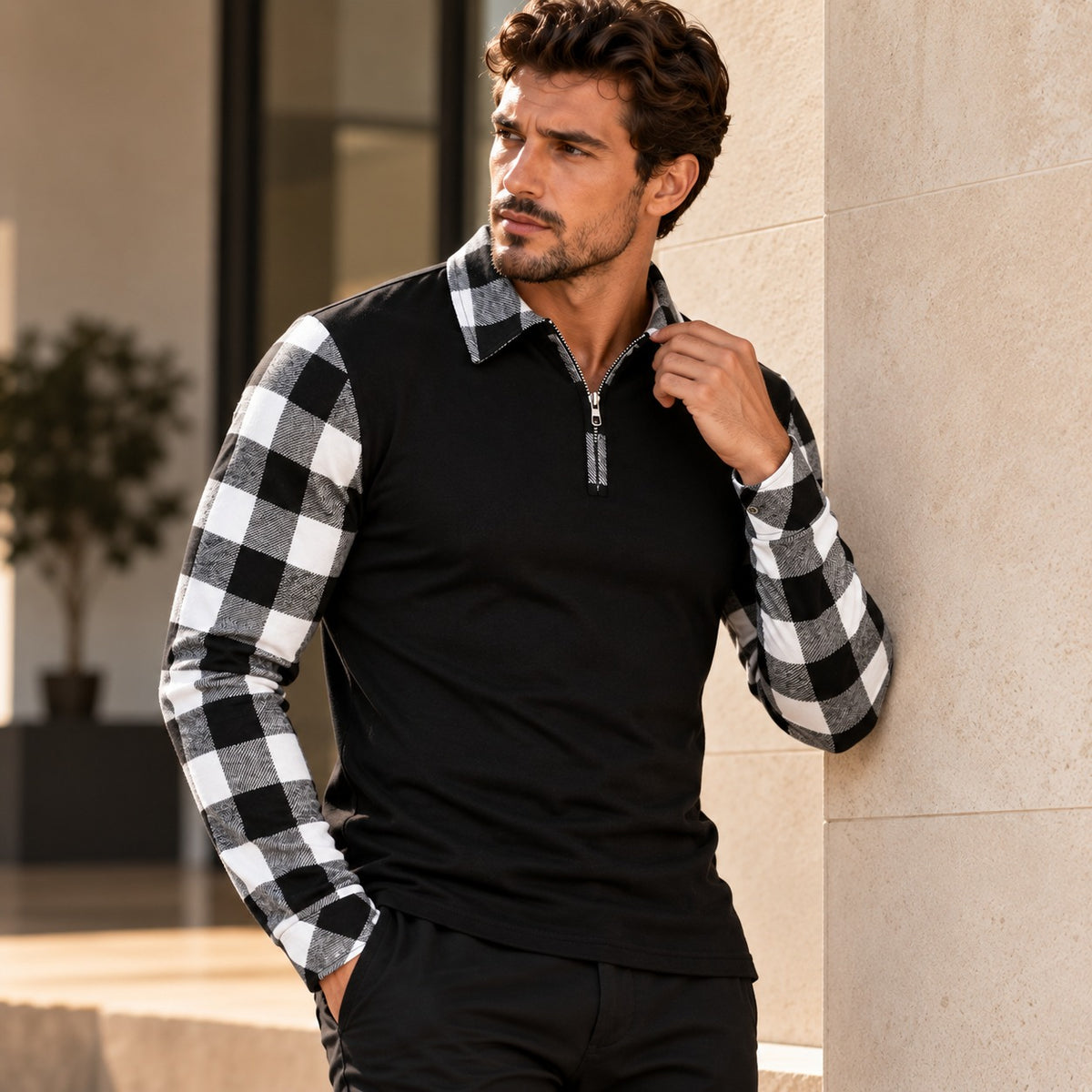 Poloshirt Carsten™ mit langen Ärmeln und kontrastierenden Karodetails