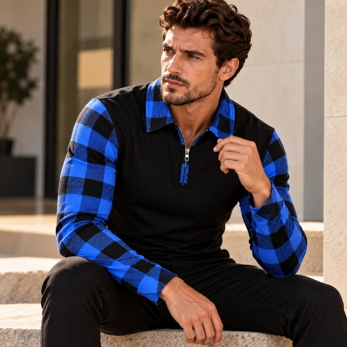 Poloshirt Carsten™ mit langen Ärmeln und kontrastierenden Karodetails