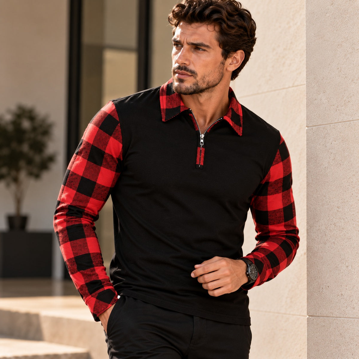 Poloshirt Carsten™ mit langen Ärmeln und kontrastierenden Karodetails