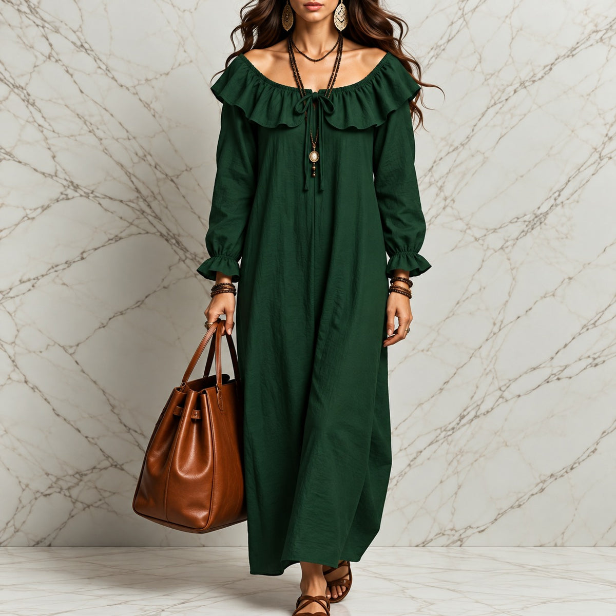 Kleid Jasmina™ mit Rüschen am Ausschnitt, gerafften Bündchen und weitem Schnitt