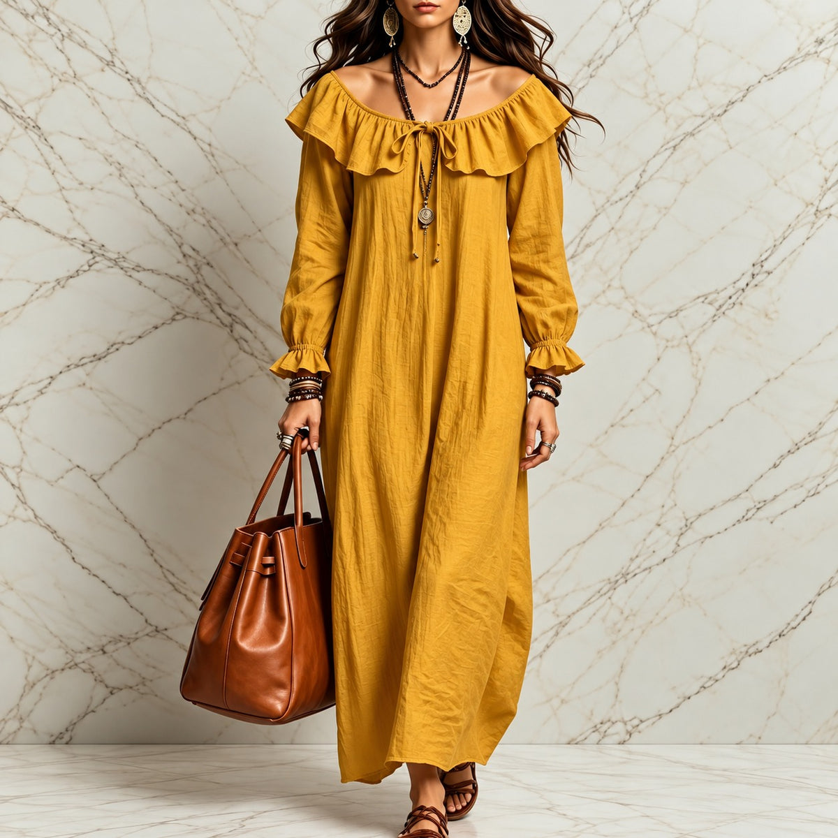Kleid Jasmina™ mit Rüschen am Ausschnitt, gerafften Bündchen und weitem Schnitt