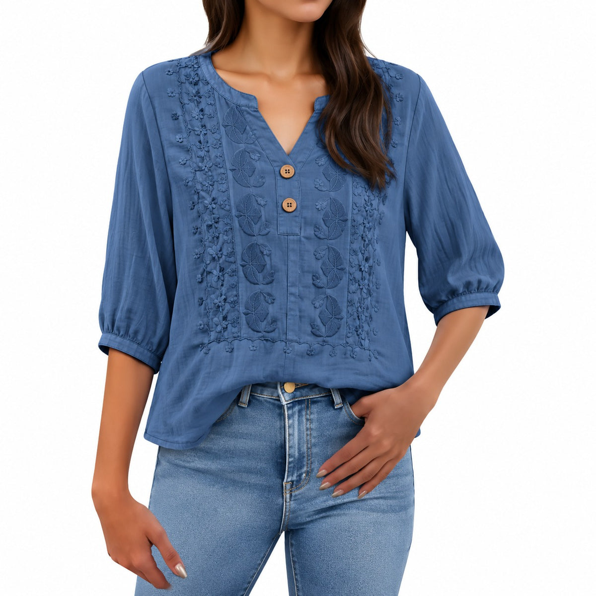 Bluse Ariadne™ mit kunstvoller Stickerei, V-Ausschnitt und Dreiviertelärmeln