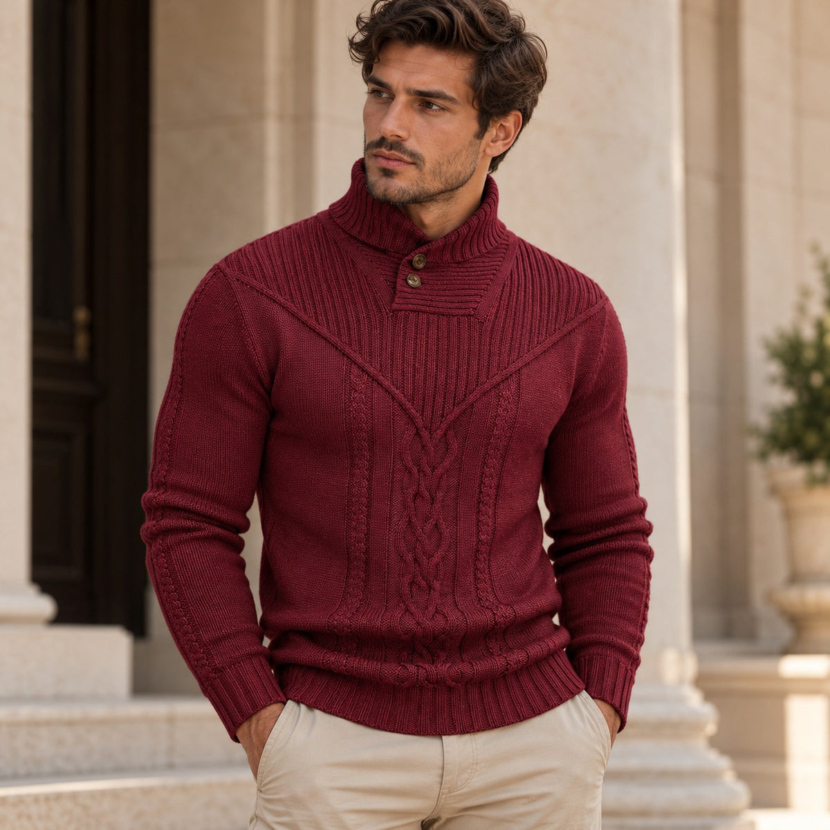 Pullover Oskar™ mit Strukturstrick, hohem Kragen mit Knöpfen und Zopfmuster