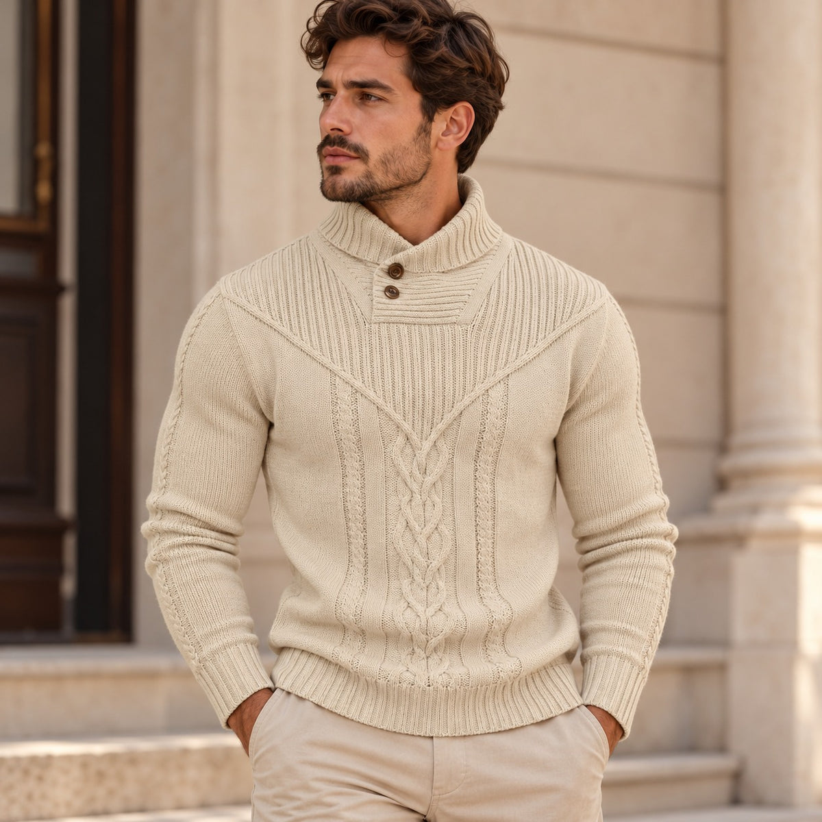 Pullover Oskar™ mit Strukturstrick, hohem Kragen mit Knöpfen und Zopfmuster