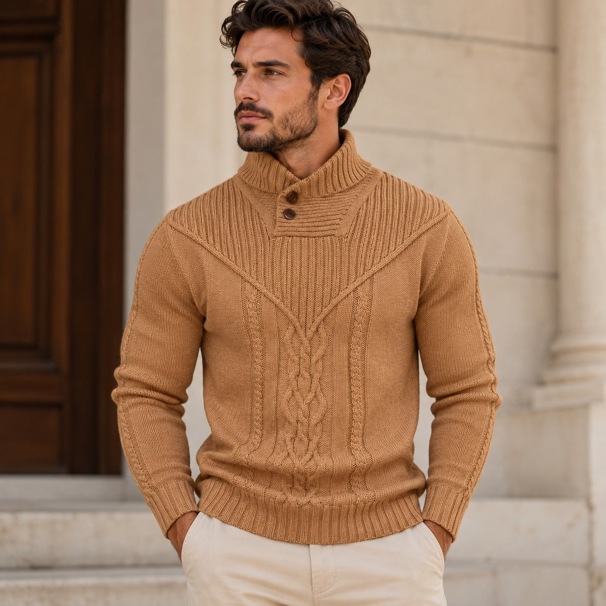 Pullover Oskar™ mit Strukturstrick, hohem Kragen mit Knöpfen und Zopfmuster