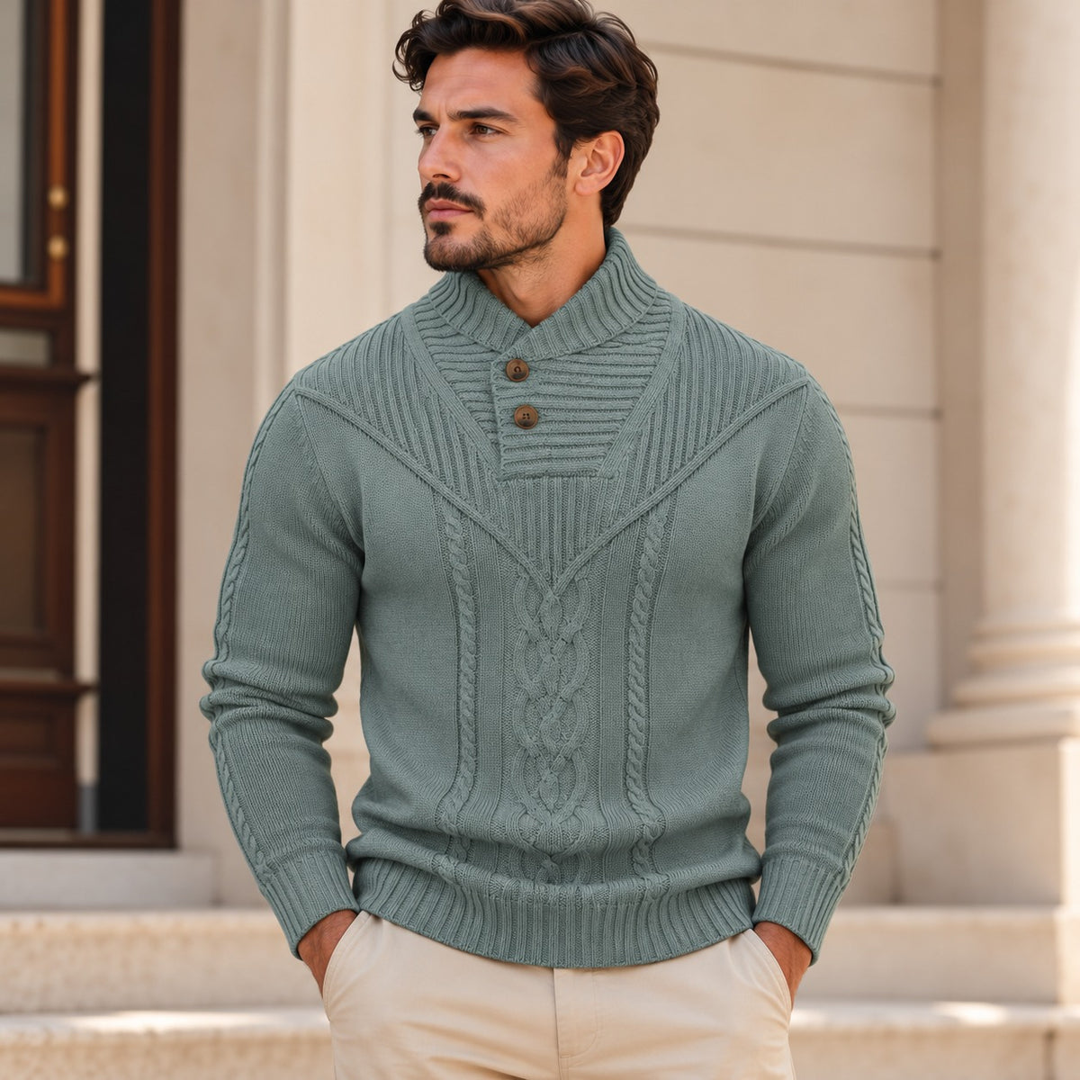 Pullover Oskar™ mit Strukturstrick, hohem Kragen mit Knöpfen und Zopfmuster