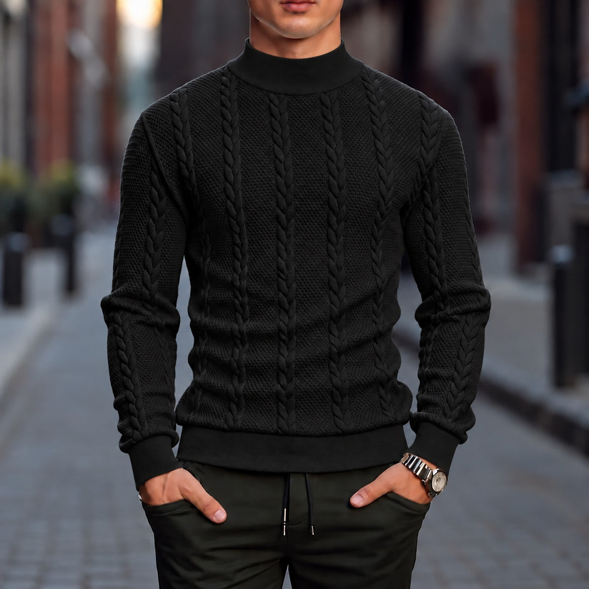Pullover Tassilo™ mit plastischem Zopfmuster, Stehkragen und hochwertiger Verarbeitung