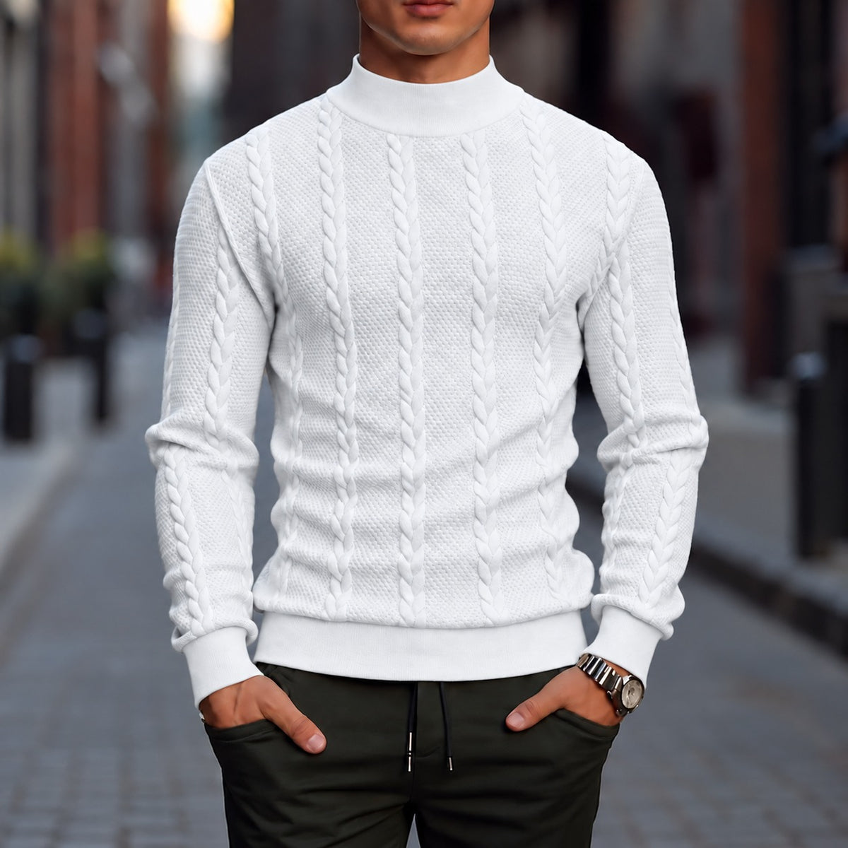 Pullover Tassilo™ mit plastischem Zopfmuster, Stehkragen und hochwertiger Verarbeitung