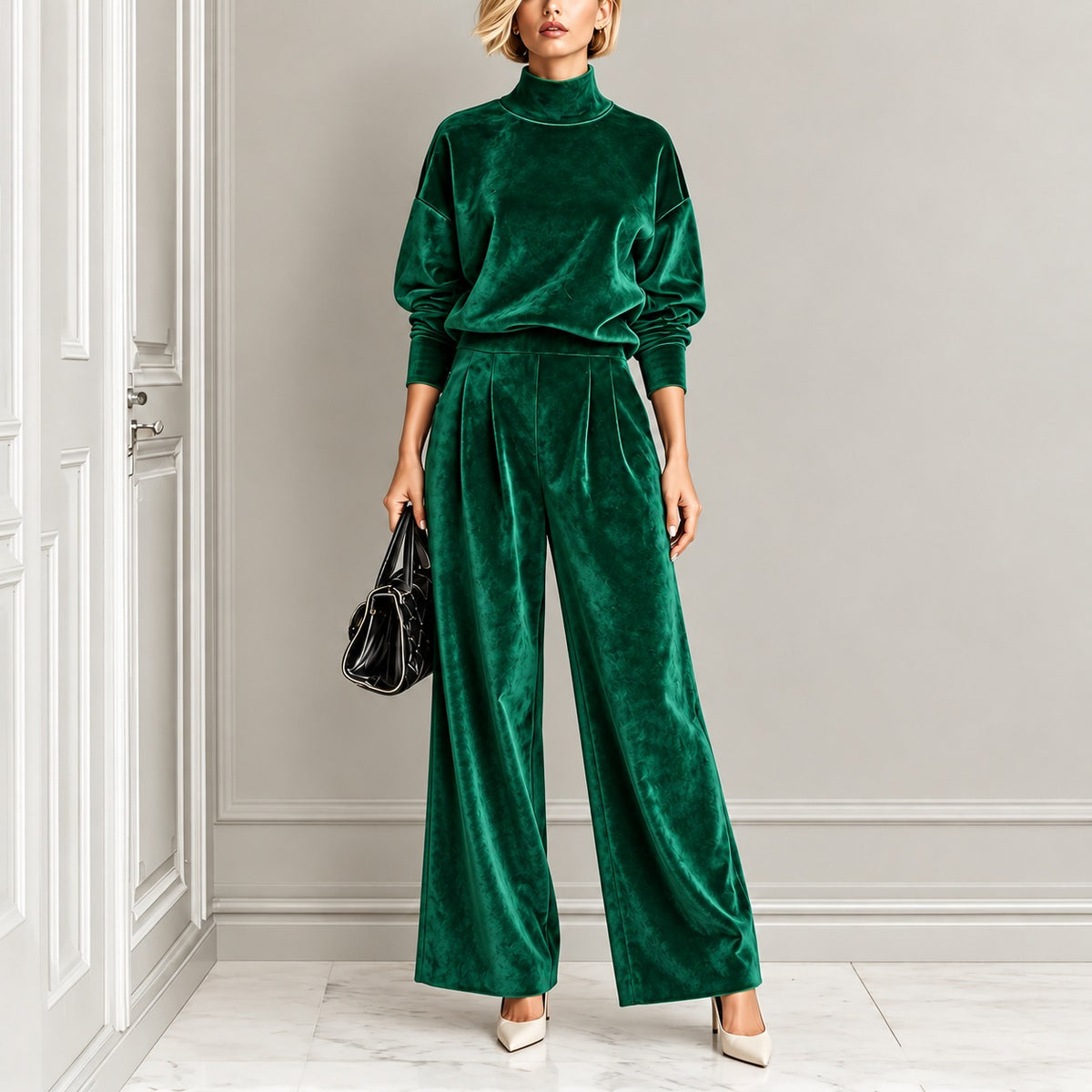 Set Irmela™ in Samtoptik mit Stehkragenoberteil und Weiter Hose