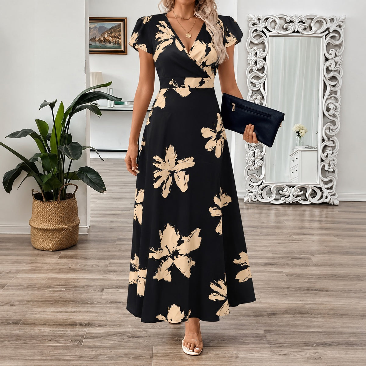 Kleid Celle™ mit kontrastierendem Muster, V-Ausschnitt und Maxilänge