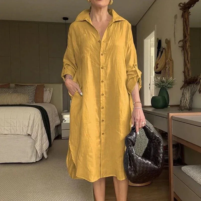 Lissabon™ Kleid aus Baumwoll-Leinen mit tailliertem Kragen / Das Couture-Kleidungsstück für die moderne Frau!