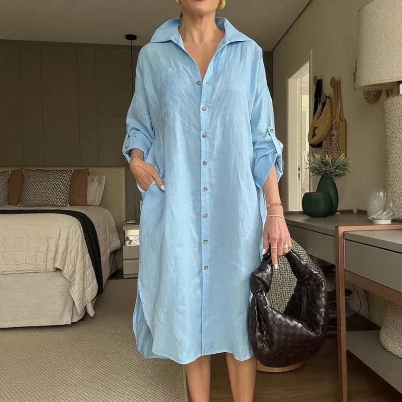 Lissabon™ Kleid aus Baumwoll-Leinen mit tailliertem Kragen / Das Couture-Kleidungsstück für die moderne Frau!