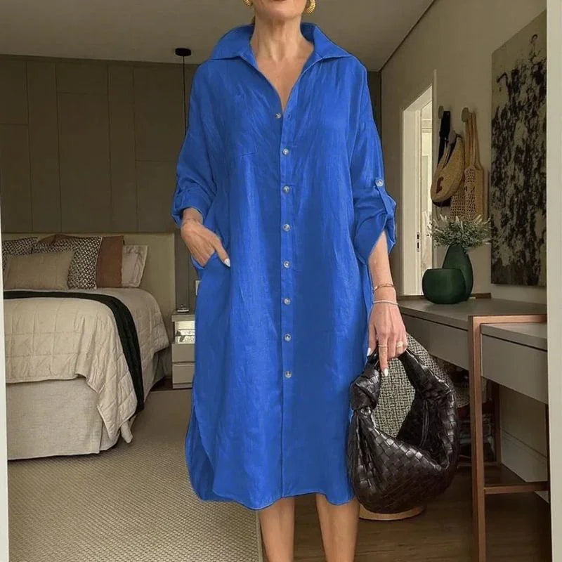 Lissabon™ Kleid aus Baumwoll-Leinen mit tailliertem Kragen / Das Couture-Kleidungsstück für die moderne Frau!