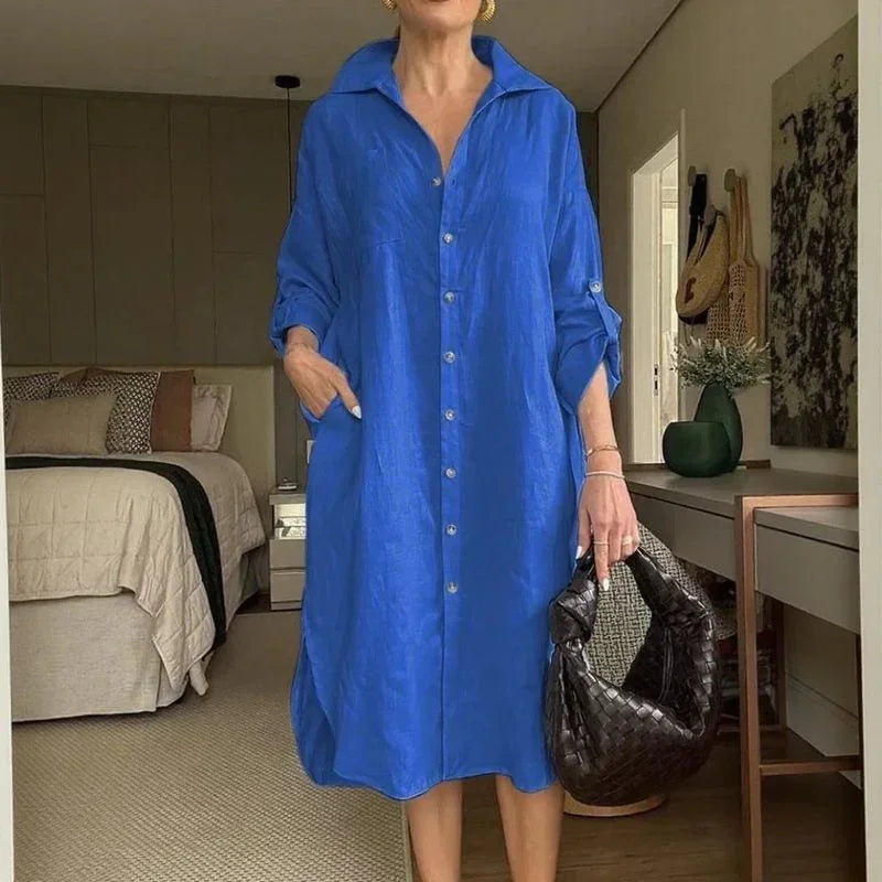Lissabon™ Kleid aus Baumwoll-Leinen mit tailliertem Kragen / Das Couture-Kleidungsstück für die moderne Frau!
