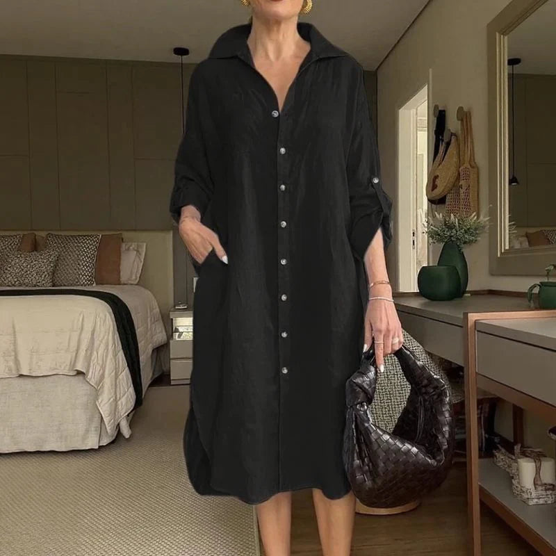 Lissabon™ Kleid aus Baumwoll-Leinen mit tailliertem Kragen / Das Couture-Kleidungsstück für die moderne Frau!