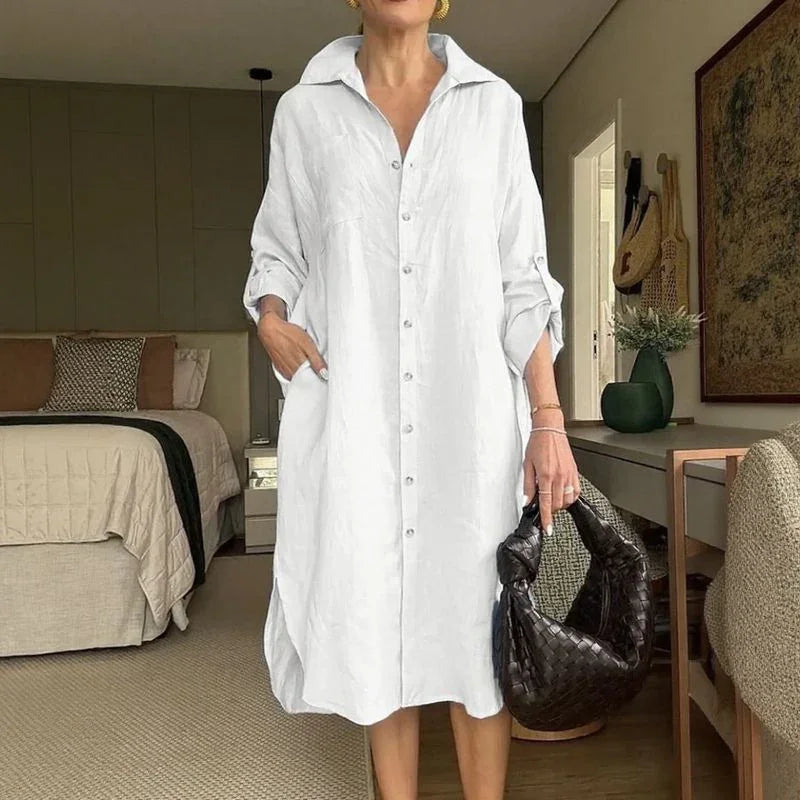 Lissabon™ Kleid aus Baumwoll-Leinen mit tailliertem Kragen / Das Couture-Kleidungsstück für die moderne Frau!