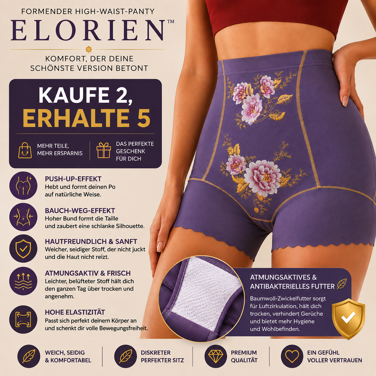 [KAUFE 2, ERHALTE 5] Elorien™ Formender High-Waist-Panty mit Push-up-Effekt & atmungsaktivem antibakteriellem Futter