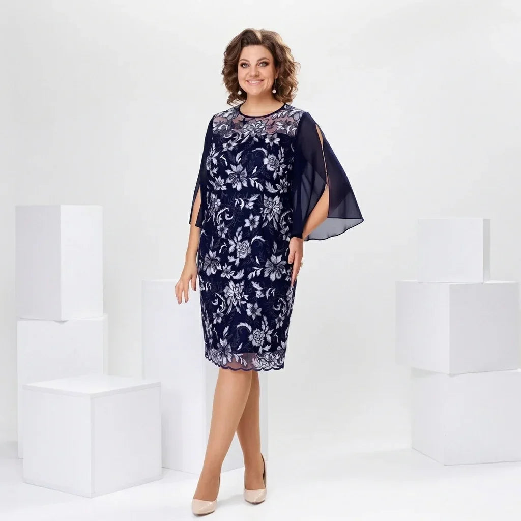 Diana™ Midikleid mit weißem Blumenmuster und transparenten Cape-Ärmeln