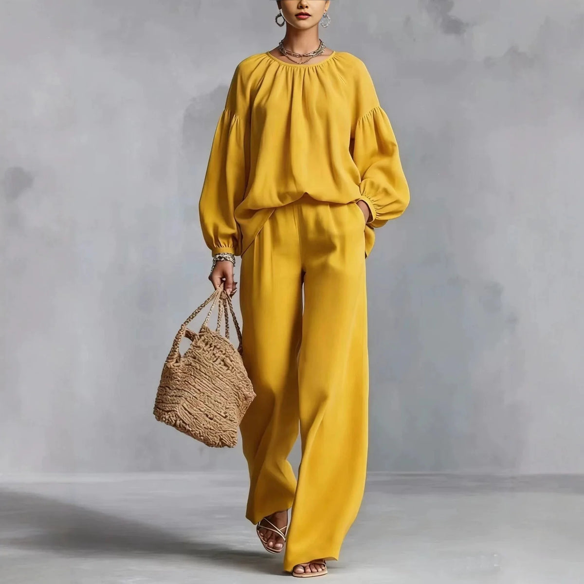 Zweiteiliges Set Valdora™ mit Puffärmel-Bluse und Weit Geschnittener Hose