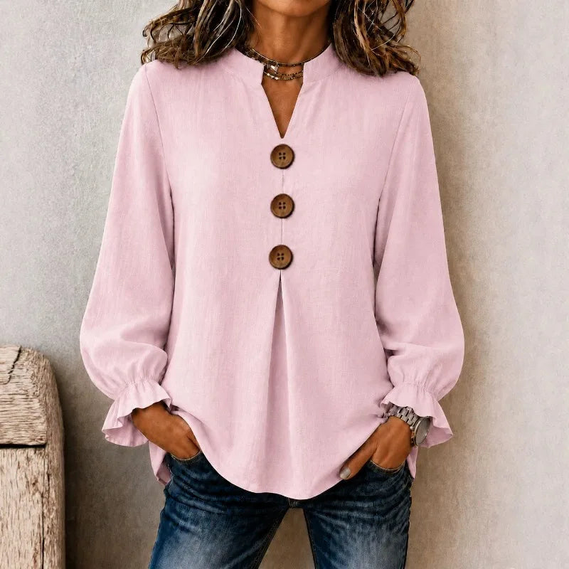 Bluse Christina™ mit Stehkragen, Knopfleiste und Rüschenbündchen