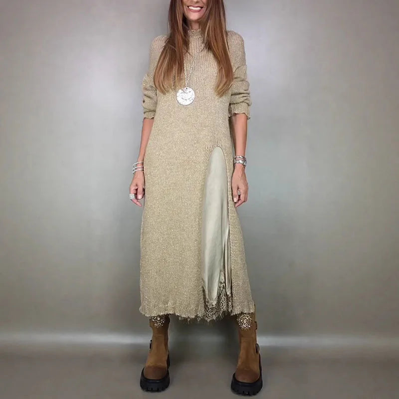 Valérie™ Set mit Langem Satin-Kleid und Feinstrick-Pullover / Zeitlose Eleganz in Jedem Detail!