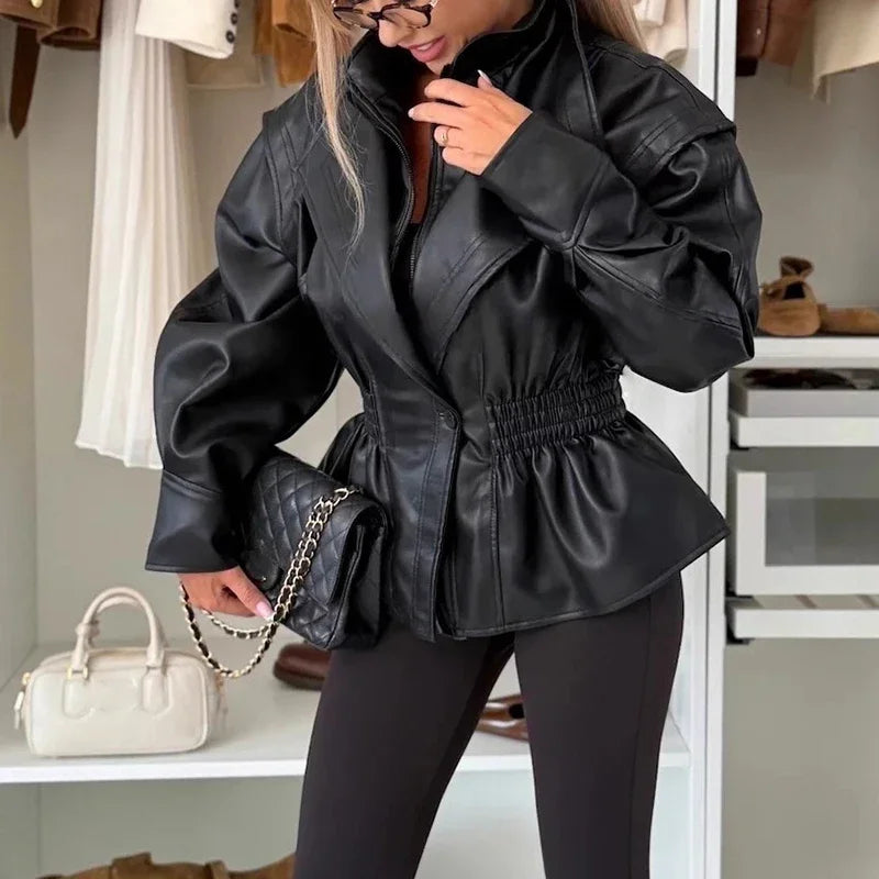 Empire Linie™ Jacke aus Premium-Kunstleder mit betonter Taille und Zentralem Knopf / Kraft und Eleganz in Jeder Bewegung!