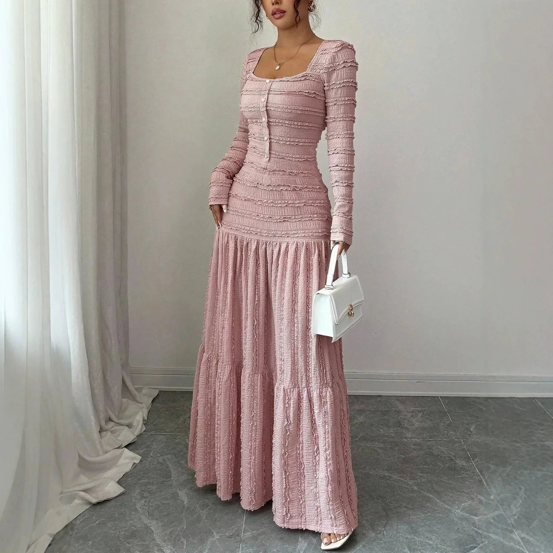 Úrsula™ Langes Kleid aus Plissiertem Strick mit Vorderer Knopfleiste
