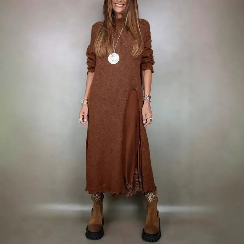 Valérie™ Set mit Langem Satin-Kleid und Feinstrick-Pullover / Zeitlose Eleganz in Jedem Detail!