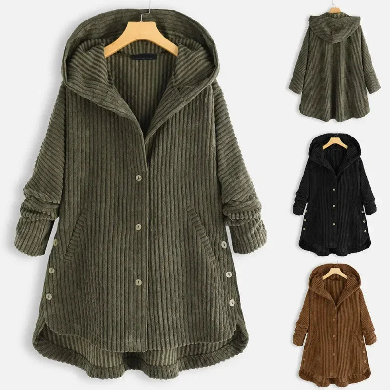 CloudWarm Eleganz™ Mantel aus Geripptem Cord mit Großzügiger Kapuze und Seitlichen Knöpfen / Die Vielseitige Winterjacke für Stil, Wärme und Alltagstauglichkeit!