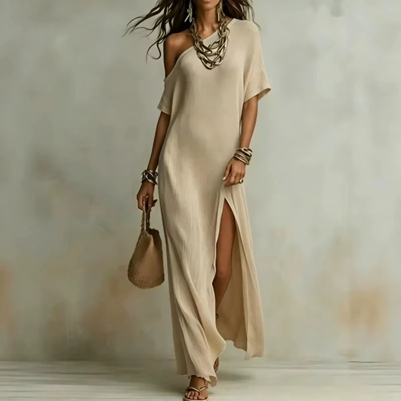 Kleid Velmara™ mit Asymmetrischem Ausschnitt und Elegantem Frontschlitz