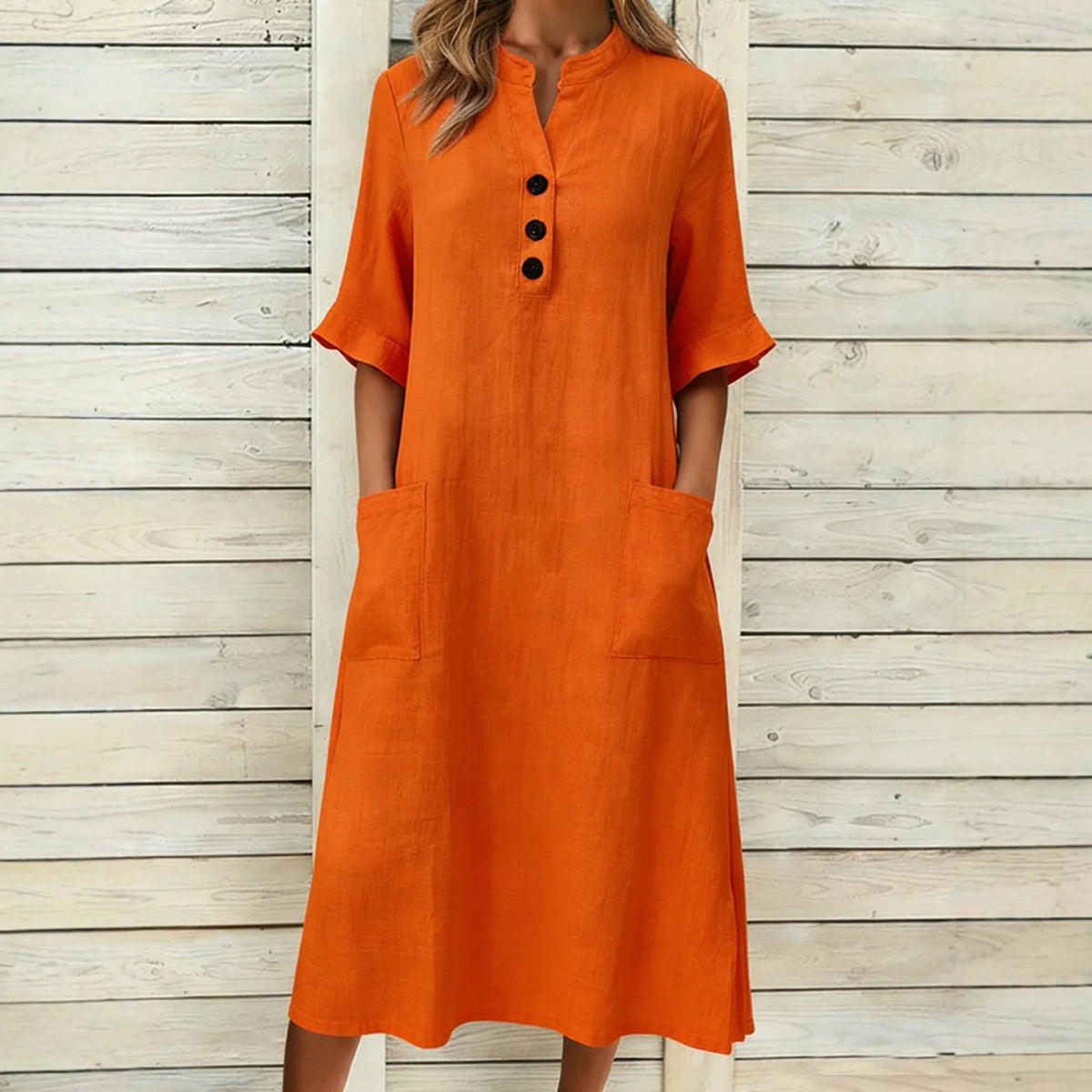 Kleid Lena™ mit Stehkragen, Knopfleiste und Seitentaschen