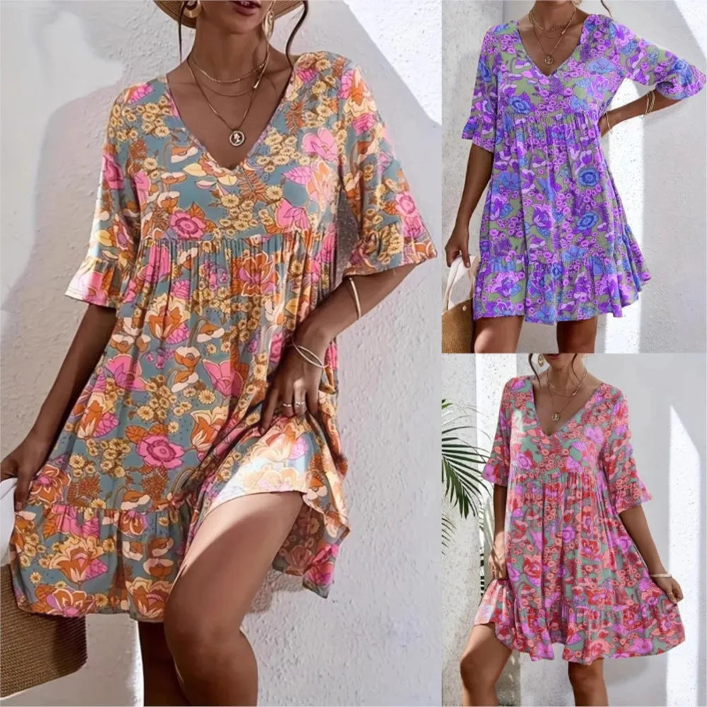 Sina™ Kleid mit floralem Muster, 3/4-Ärmeln und Raffung unter der Brust