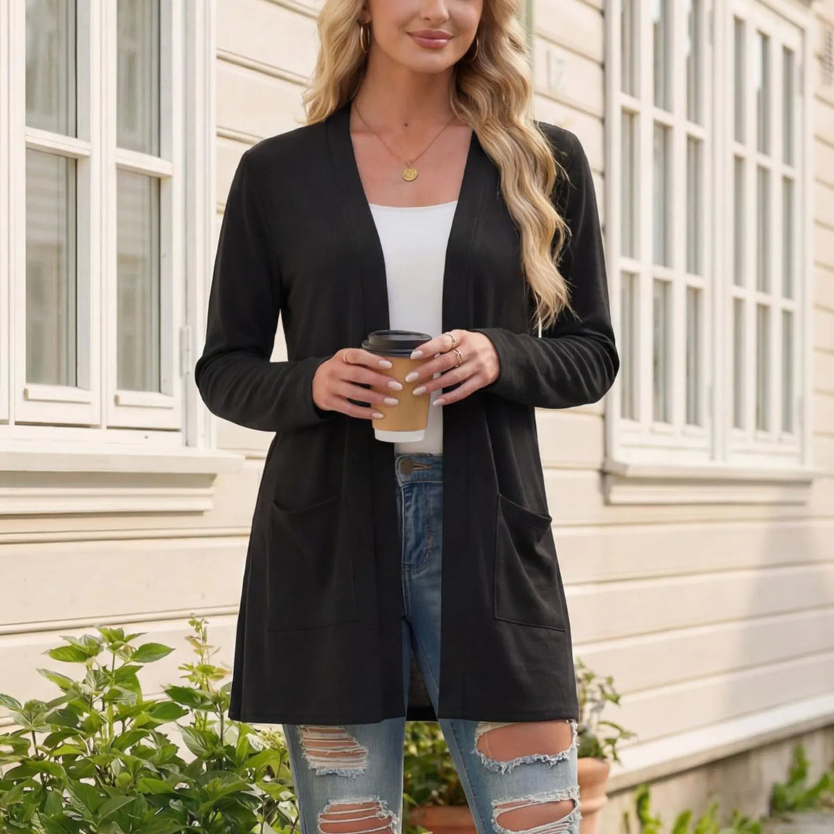 Cardigan Stefanie™ mit langem Schnitt, offener Front und aufgesetzten Taschen