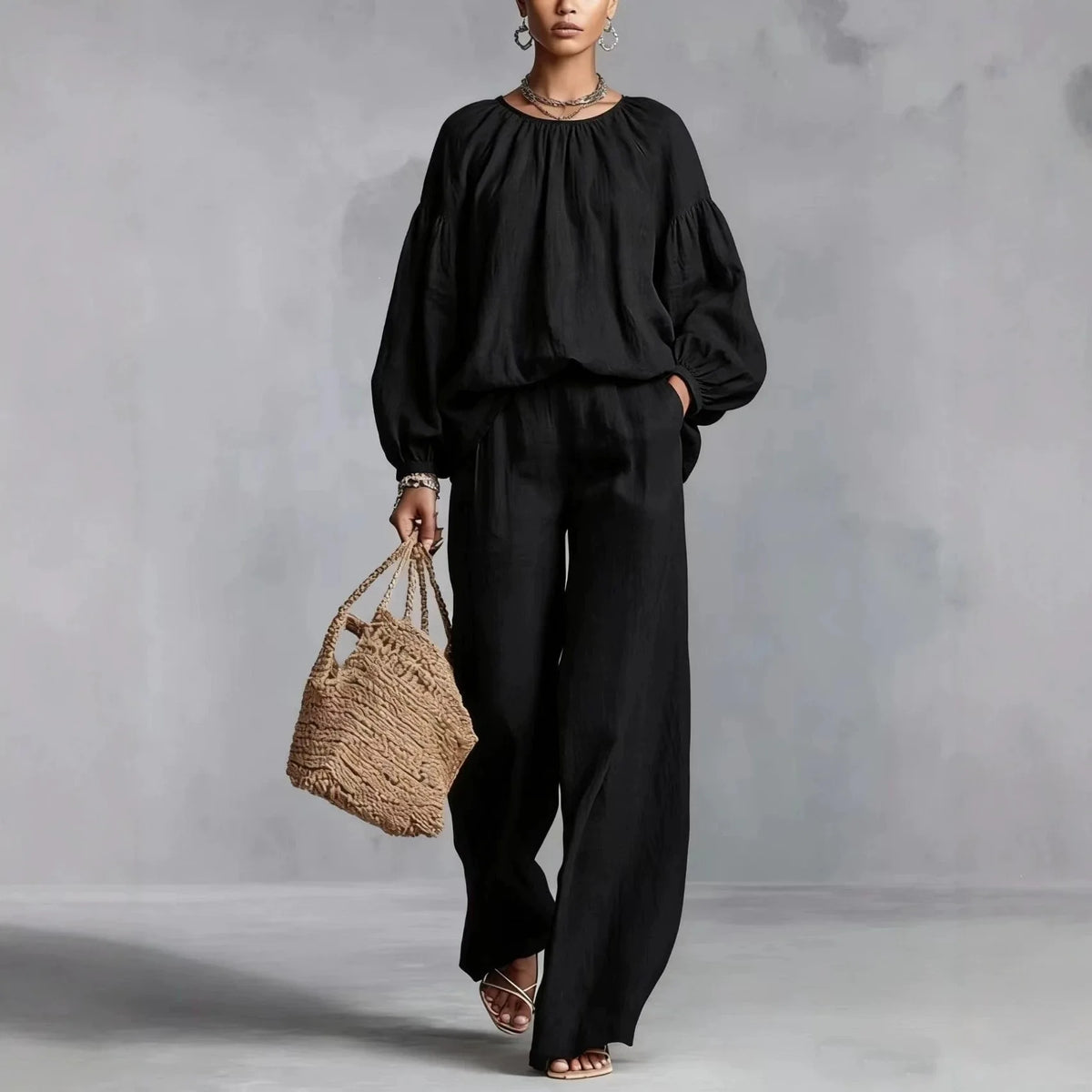 Zweiteiliges Set Valdora™ mit Puffärmel-Bluse und Weit Geschnittener Hose