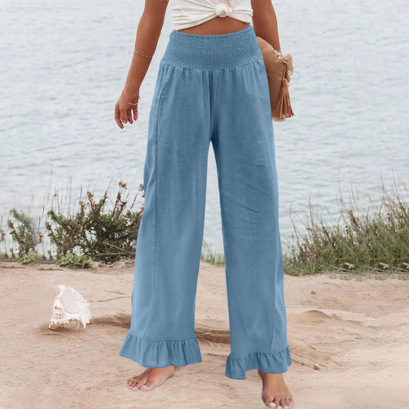 Hose Alva™ aus Leinen-Baumwoll-Mix mit hohem Smokbund und Volantsaum