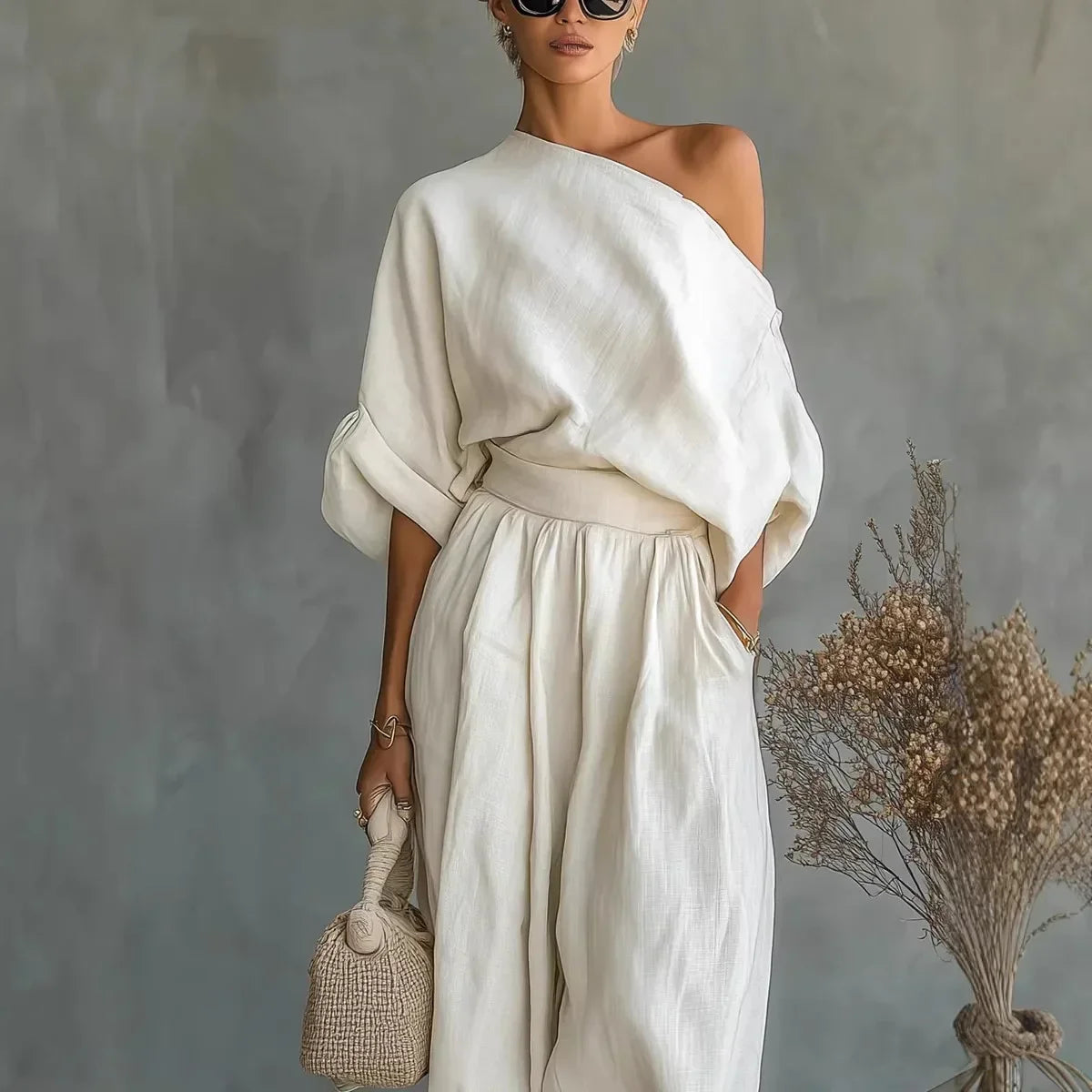 Linnea™ Set mit One-Shoulder-Top und hoch taillierter Hose mit Bündchensaum