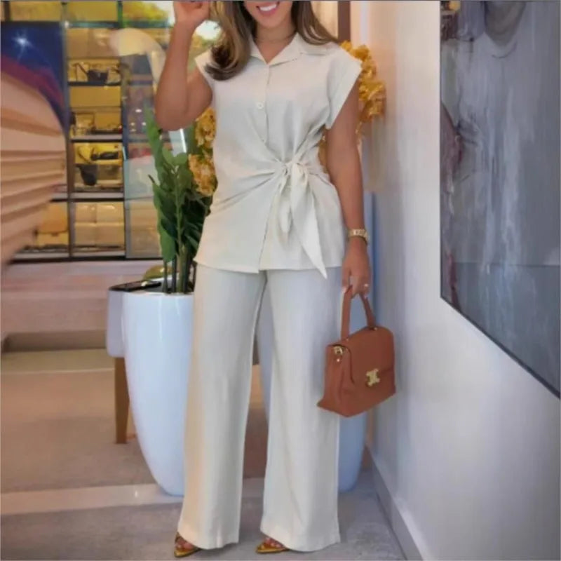 Damen-Set und Hemd aus Baumwollmischung mit Schleifendetail / Zeitgemäße Schneiderkunst mit einem femininen Hauch von Präzision!