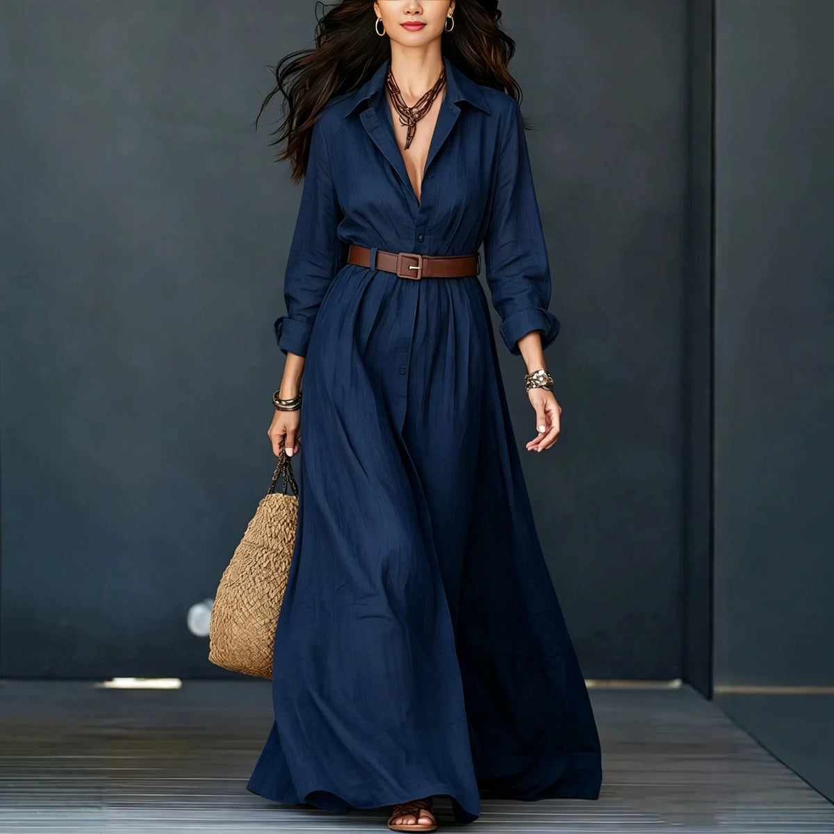 Delfina™ Kleid mit Elegantem Kragen, Dezenten Knöpfen und Gürtel als Geschenk