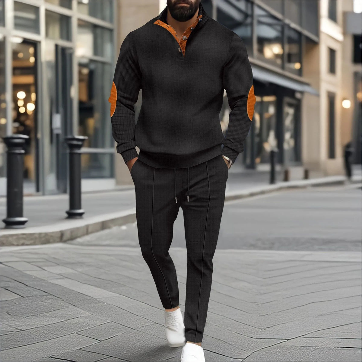 Set Matthis™ mit Stehkragenpullover mit Ellenbogenpatches und schmaler Hose