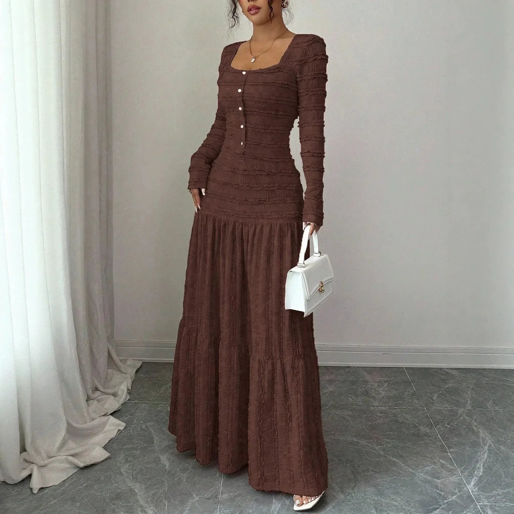 Úrsula™ Langes Kleid aus Plissiertem Strick mit Vorderer Knopfleiste