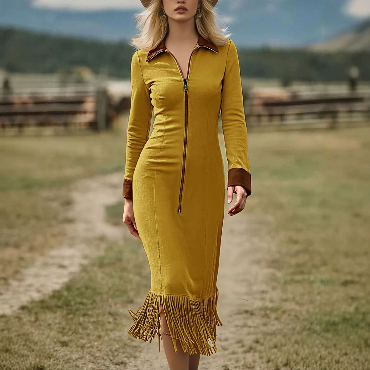 Kleid Michaela™ mit samtiger Optik, Kontrastkragen und ärmeln, Frontreißverschluss und Fransensaum