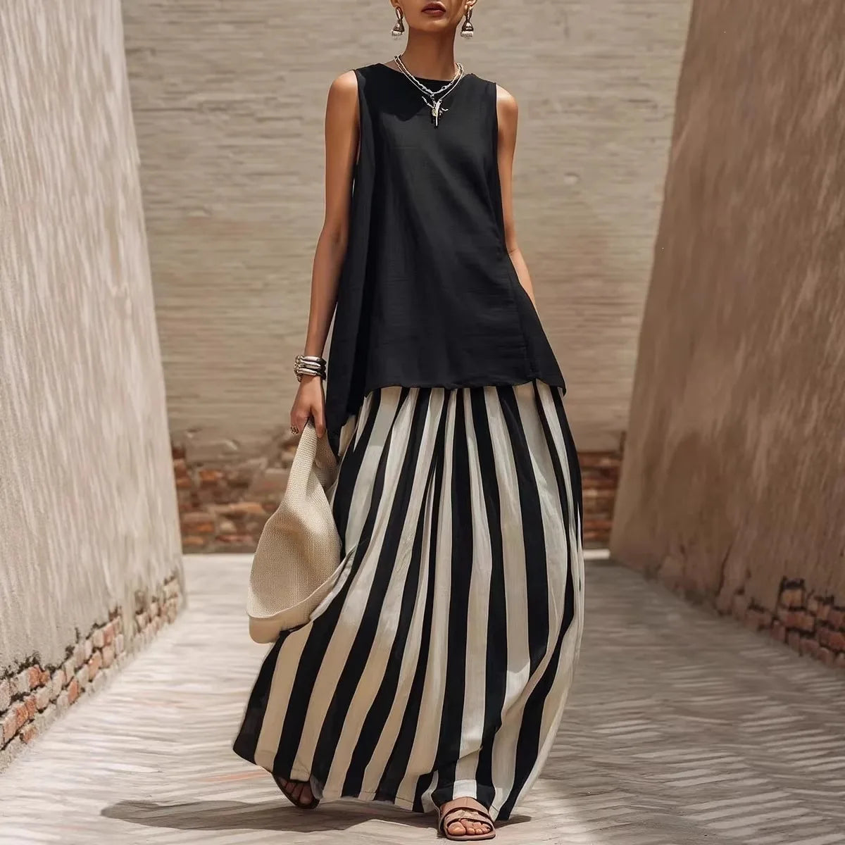 Mirenza™ Maxikleid mit Einfarbigem Oberteil und Langem Gestreiftem Rock