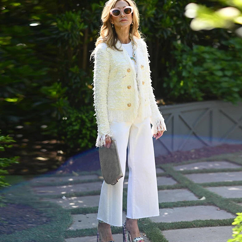 Bellemont™ Jacke aus Premium-Bouclé mit Feinen Fransen und Metallknöpfen / Wo Klassik auf Moderne Trifft!