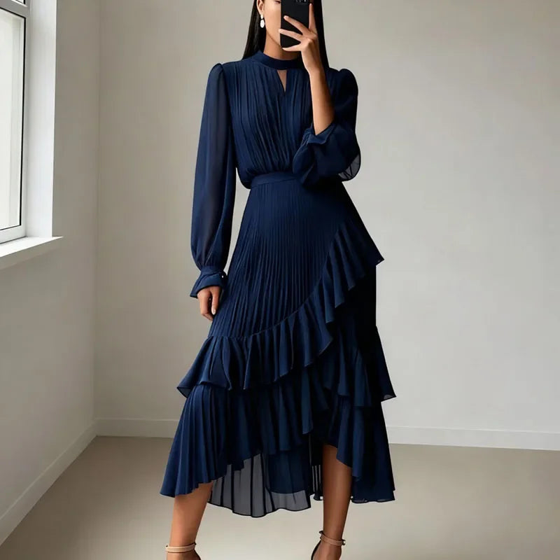 Lioren™ Kleid mit Edlem Plissee und Asymmetrischen Volants