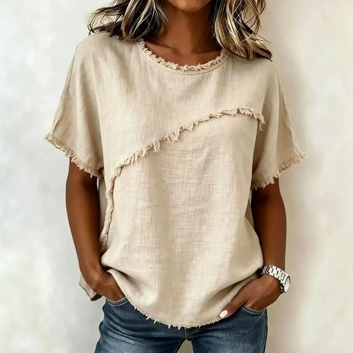 Bluse Verena™ mit asymmetrischem Einsatz und ausgefransten Details